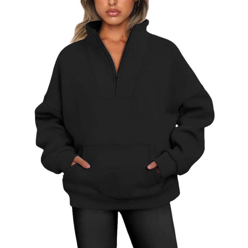 2026 Women's Stand Collar Fleece Hoodie with Pockets, Autumn-Winter Casual Loose Fit, Solid Color Ribbed Top.