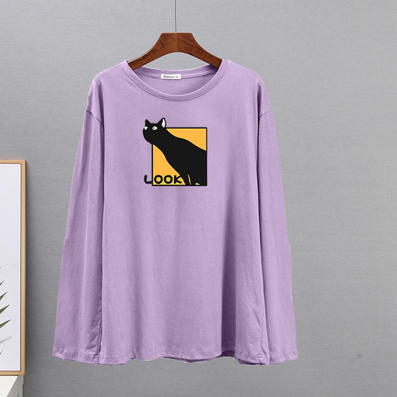 Hirsionsan Casual Loose T Shirt Women Spring New Simple Cute Cat O-neck Tees Female Fashion Long Sleeve All-match Tops for Girls