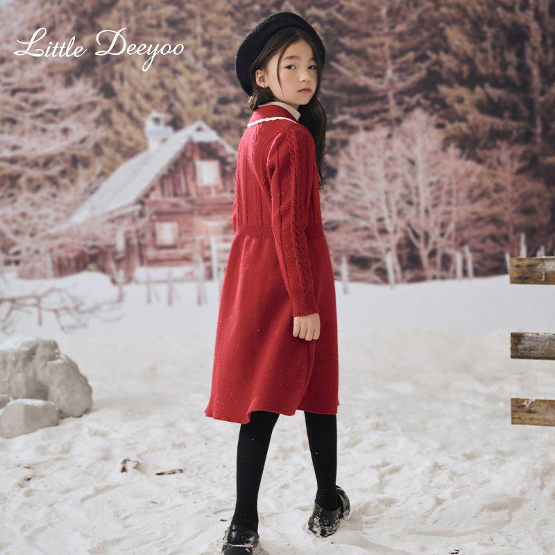 Sangluo Girls' Knit Woolen Dress - 2025 Autumn/Winter Red New Year Outfit