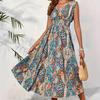 European and American summer casual style casual women's clothing V-neck V-neck lotus leaf skirt loose dress