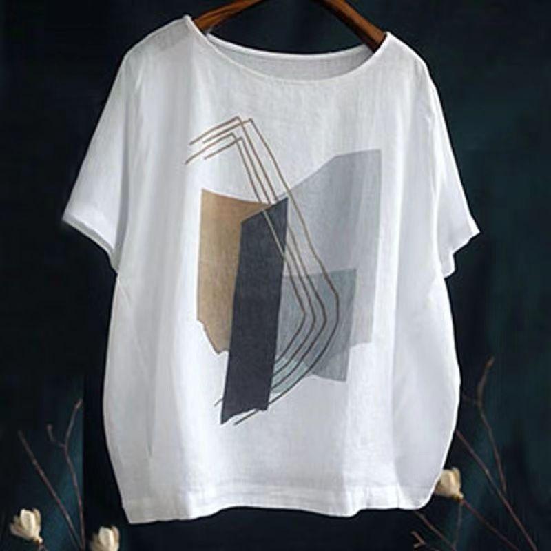 Dames Retro Casual Løse Bomull Lin T-skjorter Stor Størrelse Trykte Topper Sommer Rund Hals Korte Ermer T-skjorte
