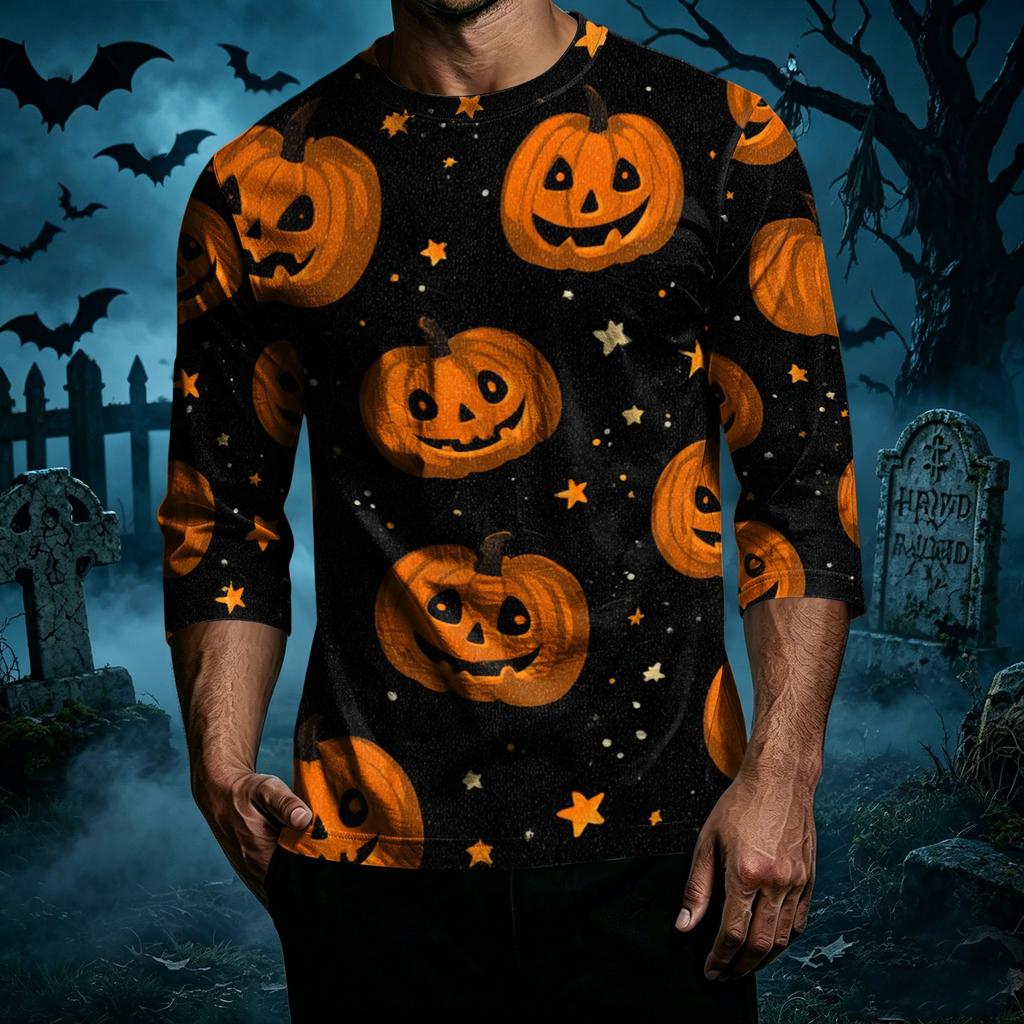 Men Casual Halloween Print Raglan Sleeve T Shirt Crew Neck Three Quarter Sleeve Top Comfortable Fit Lightweight Fabric