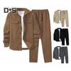 2Pcs/Set Men Sportwear Set Lapel Long Sleeve Flap Pockets Coat Elastic Drawstring Waist Long Trousers Set Loose Fit Activewear