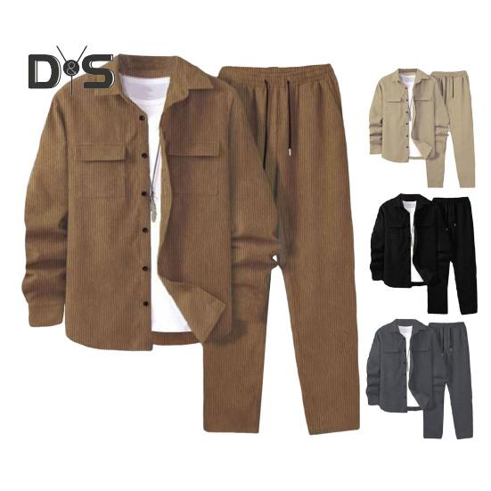 2Pcs/Set Men Sportwear Set Lapel Long Sleeve Flap Pockets Coat Elastic Drawstring Waist Long Trousers Set Loose Fit Activewear