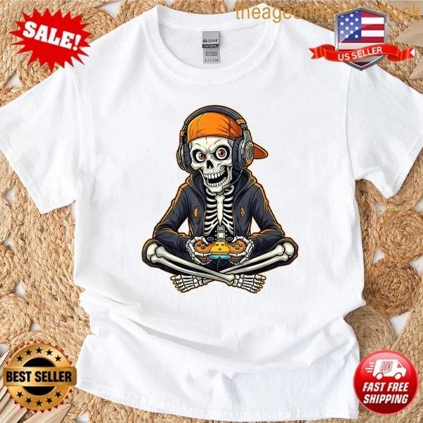 Anime Skeleton Gamer Funny Halloween Gaming Graphic Cartoon T-shirt, S-5XL 2XL