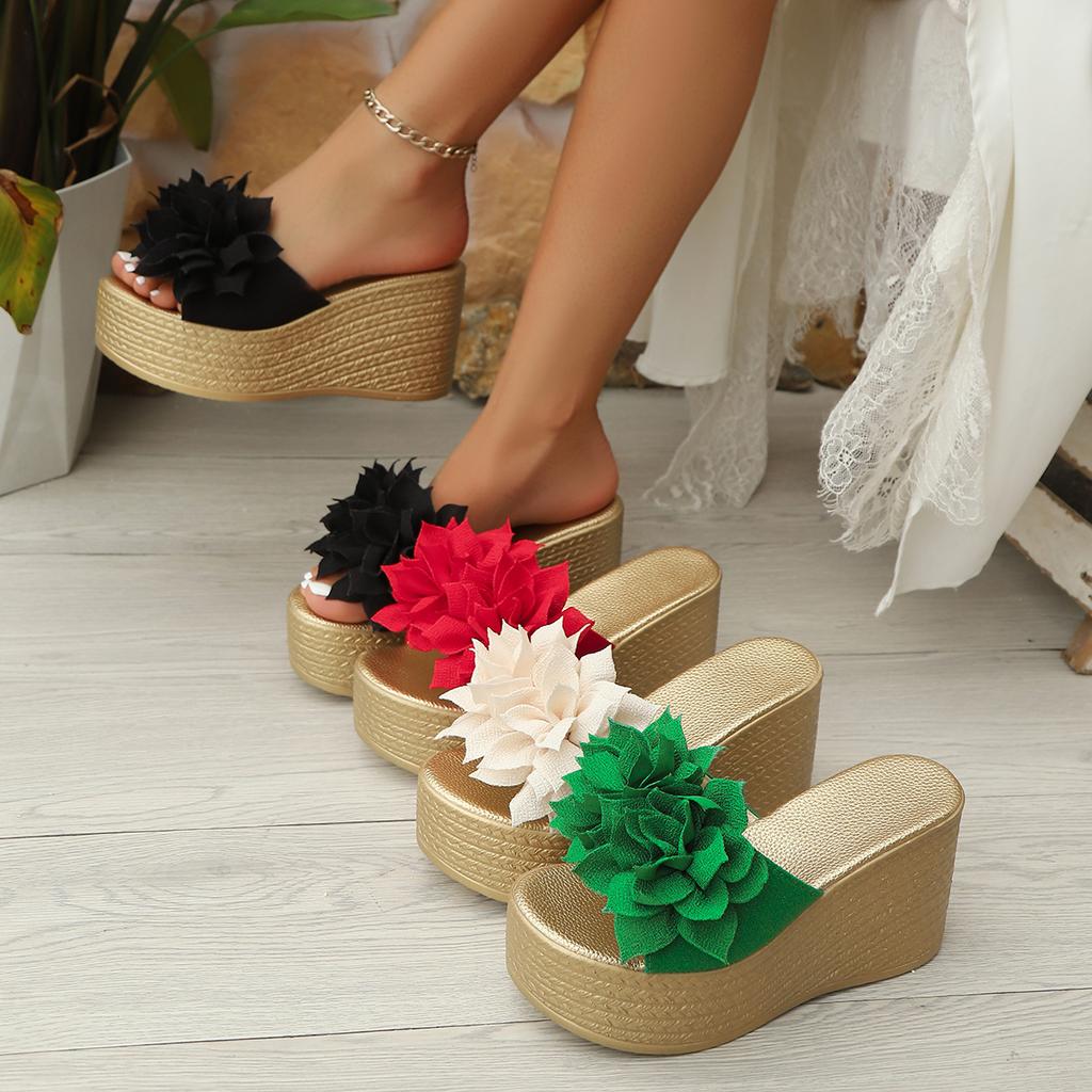 Fashion 2025 New Wedges Sandals Women Slippers Summer Beach Platform Shoes Flower Round Solid Color Women High Heel Slippers Women