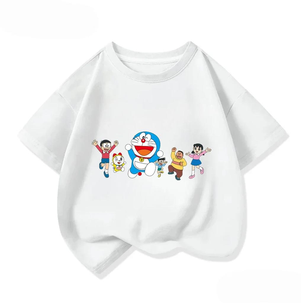Summer Boys Girls Short Sleeve Tee Kawaii Cartoon Print Cute Street Fashion Wear Doraemon Kids Outfit 314Y