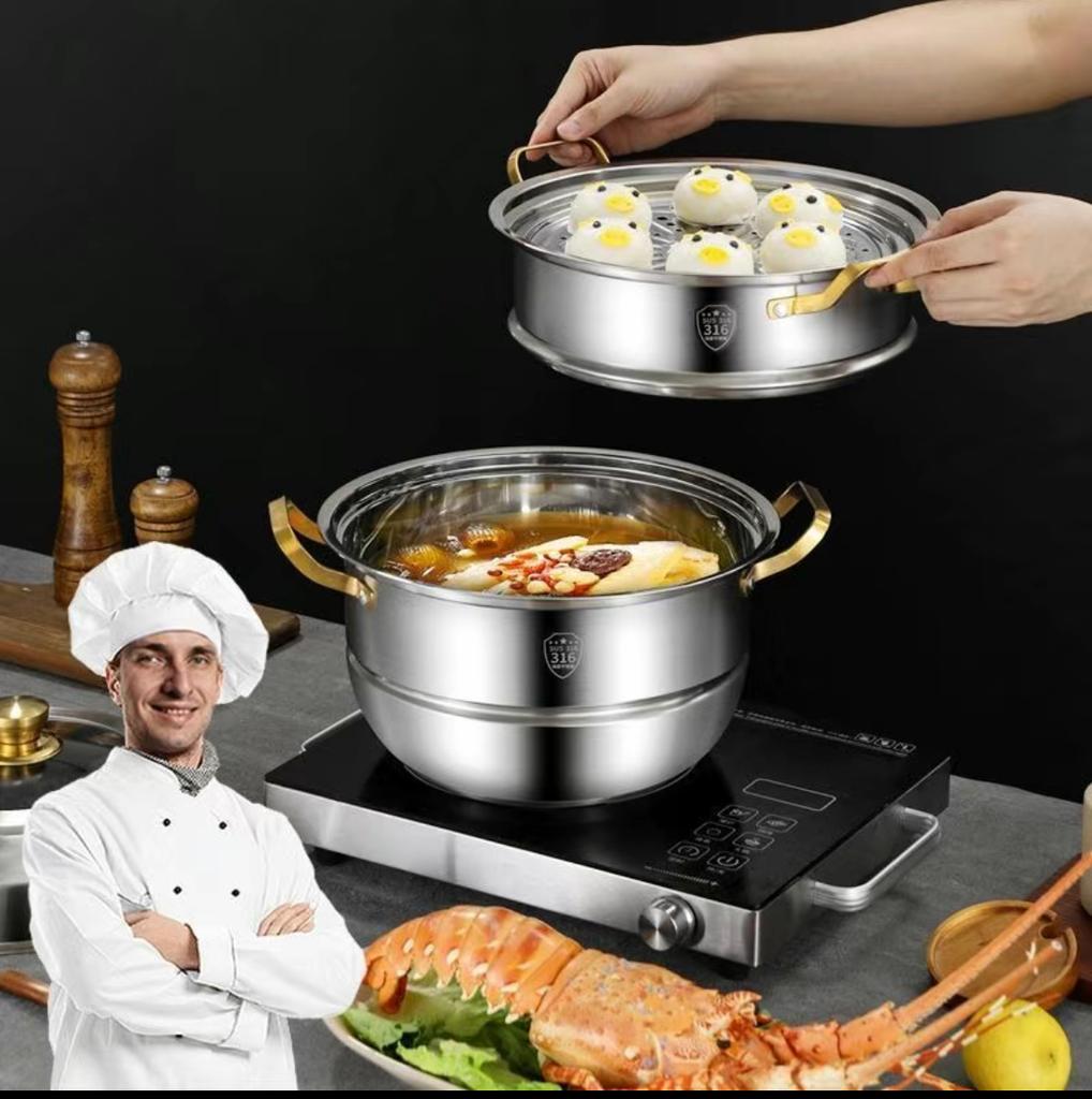 Vapor din oțel inoxidabil 316, grad alimentar, lărgit și îngroșat, uz casnic, capacitate mare, vapor multistrat, oală pentru supă pentru gătit