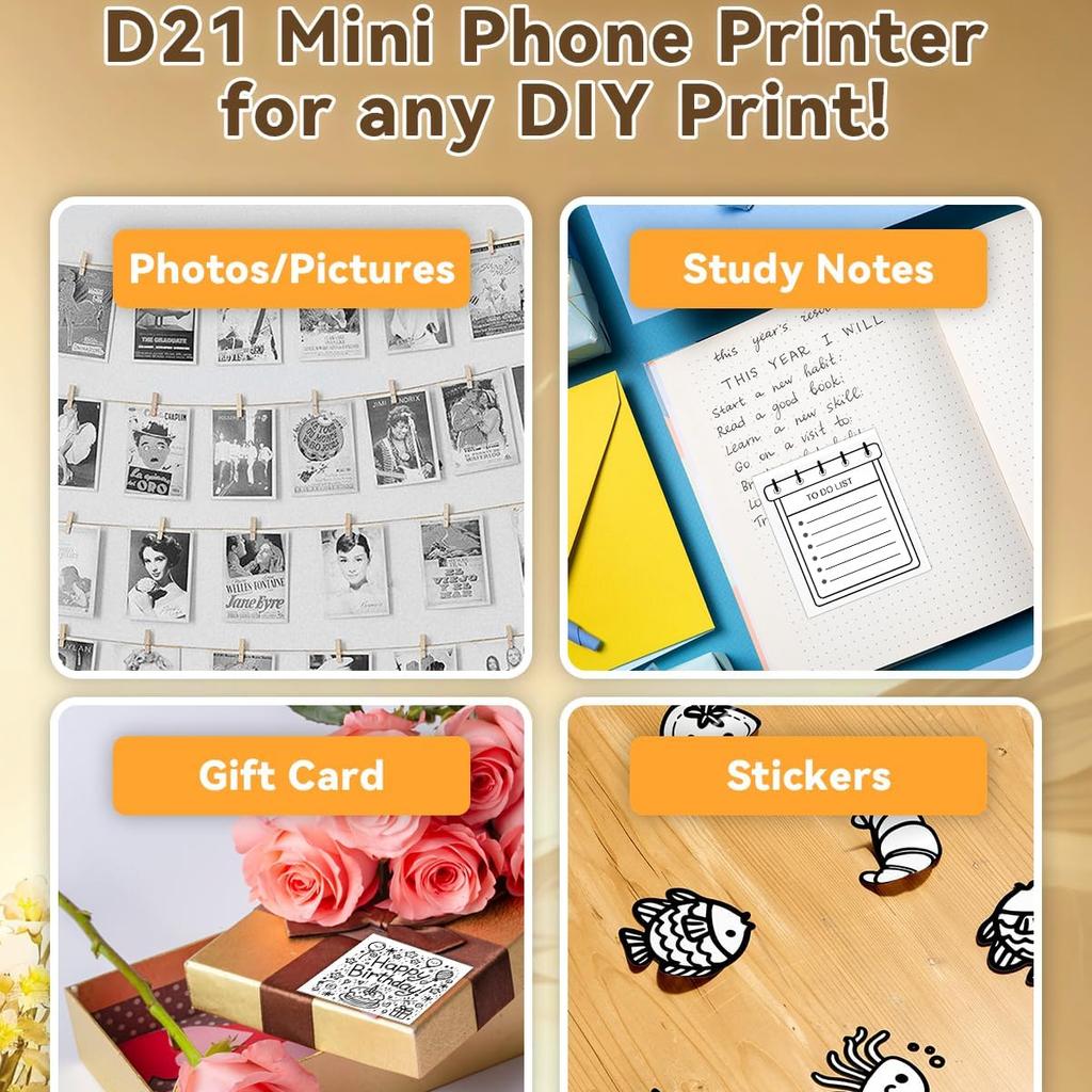 Bluetooth Portable Mini Thermal Printer No Ink For DIY Stickers Labels Receipts Work Plans For IOS Android Devices Includes 3 Rolls Adhesive Paper