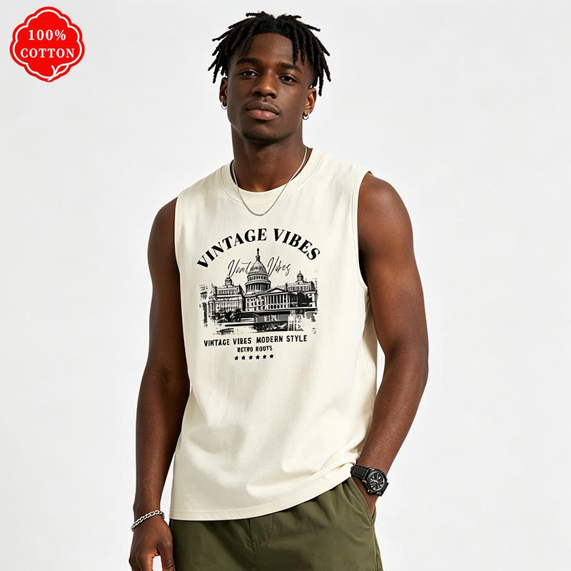 Men's Summer Vest Is Loose-fitting. Features the "VINTAGE VIBES" Pattern Print. A Casual Sleeveless Top