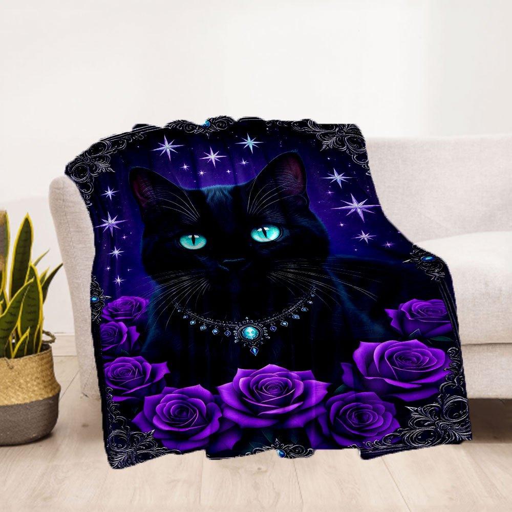 "Enchanted Black Cat with Stars and Roses Wall Art Print"Blanket Flannel Throw Blanket for Sofa, Bed, Travel, Camping, Office