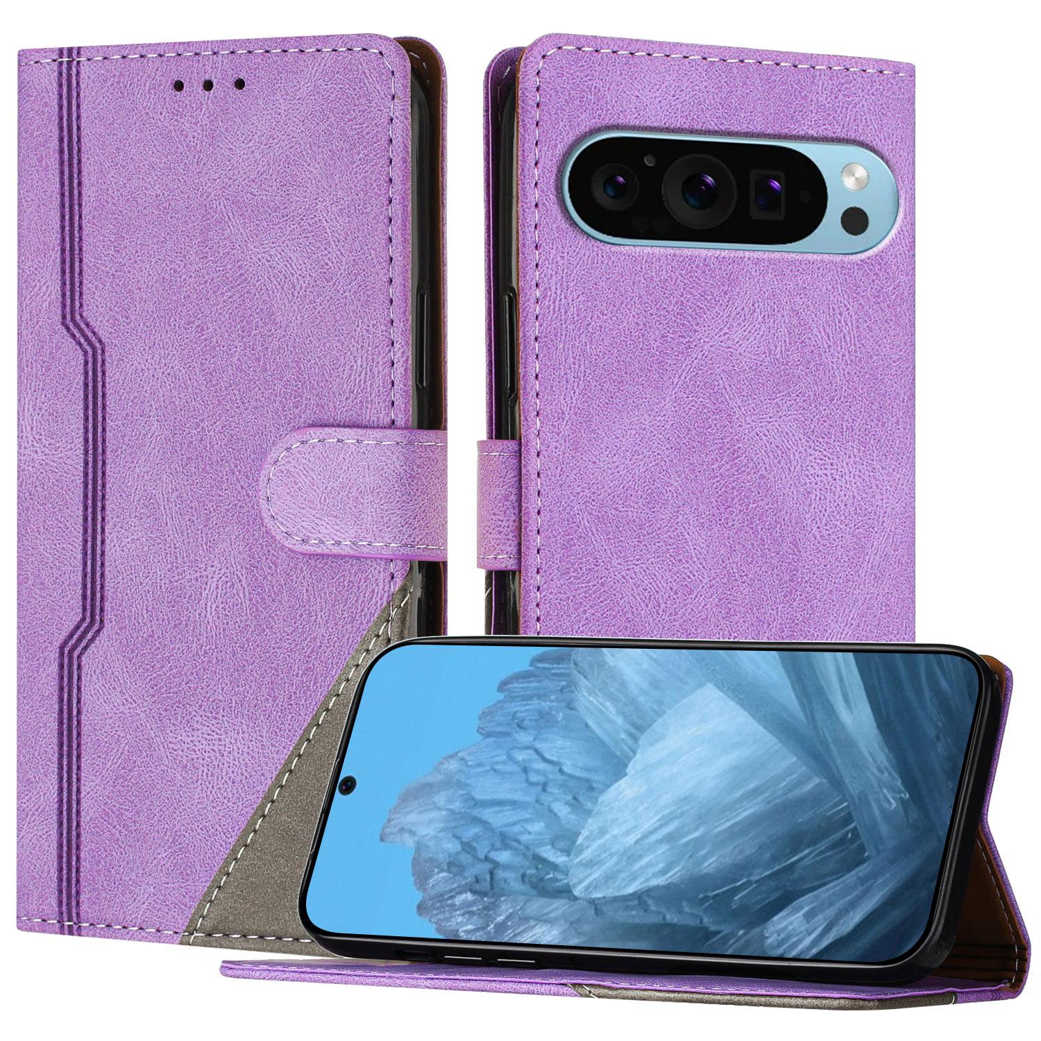 

For Google Pixel 9 Pro Leather Case Triangle Patchwork Wallet Stand Shockproof Phone Cover Purple