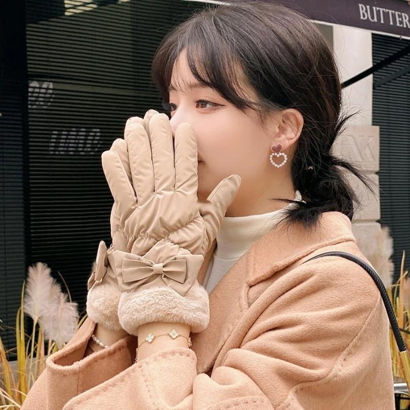 Ski Gloves Women Winter Fleece Thickened Warm Plush Cotton Waterproof Touch-Screen Gloves For Outdoor Riding Mountaineering