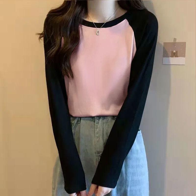 

Женская футболка из чистого хлопка с длинным рукавом и круглым вырезом, свободного кроя, универсальная мода в корейском стиле, базовый слой для весны/осени. XL розовый