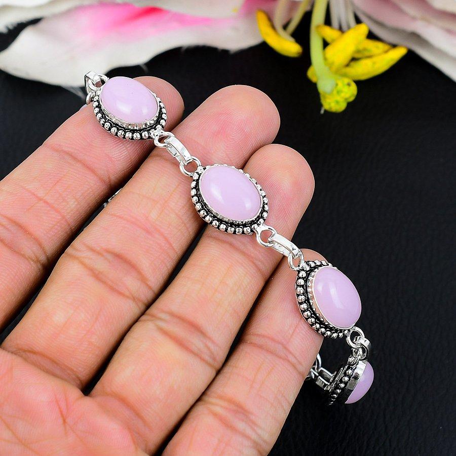 Pink Chalcedony Gemstone Handmade 925 Sterling Silver Bracelet 7-8" KG-202