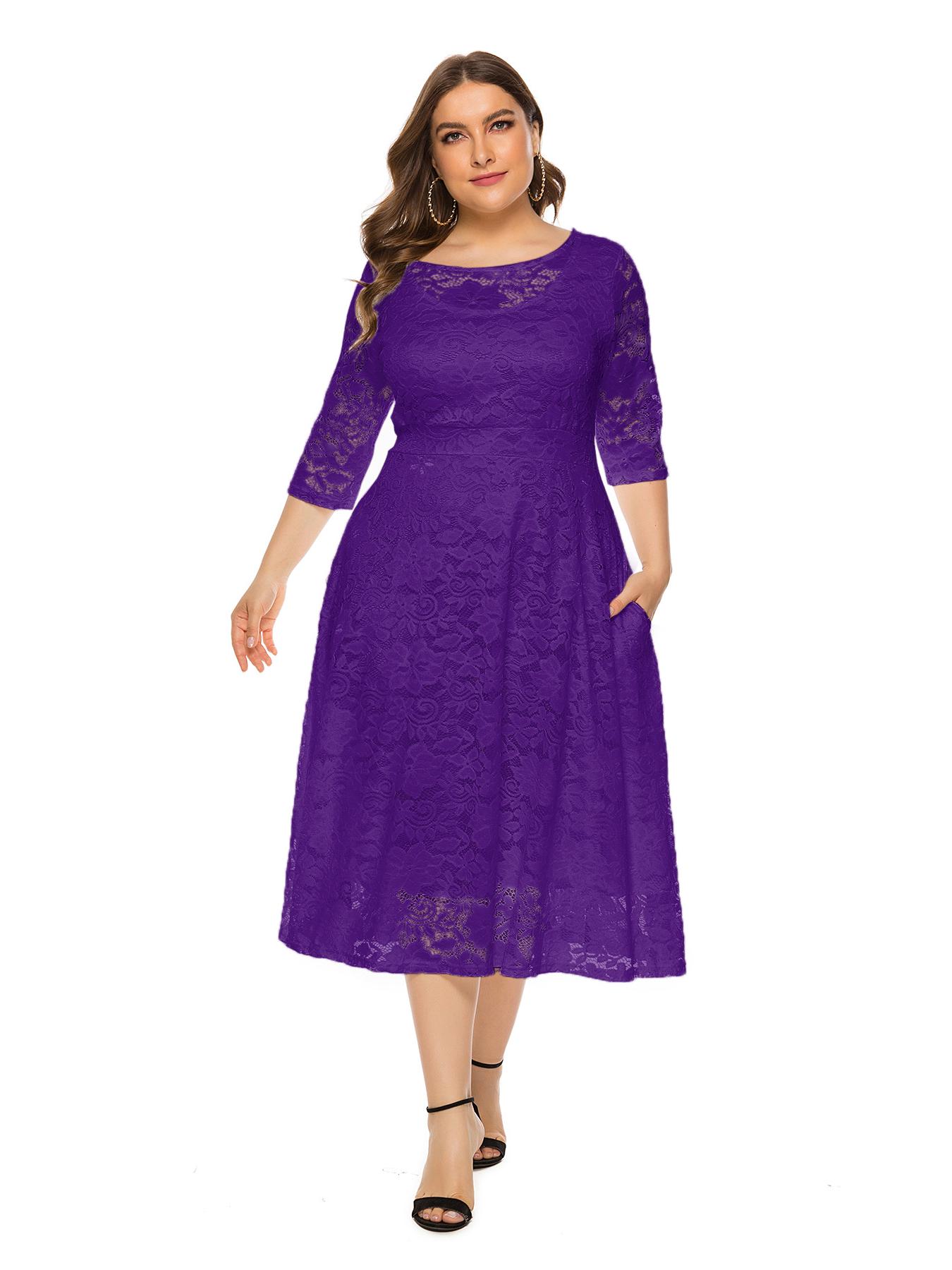 

8XL Великий розмір Європейський та Американський Жіночий Вечірній та Плаття Подружки Нареченої Кишеня Мереживо SQ134 4XL фіолетовий