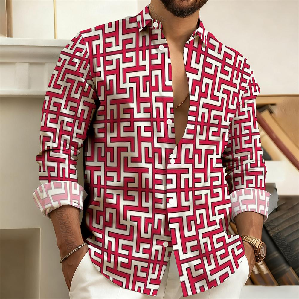 Men's Long-Sleeved Polo Shirt, Vintage Print Style with Greek Key Pattern, Elegant, Comfortable, and Stylish Men's Top