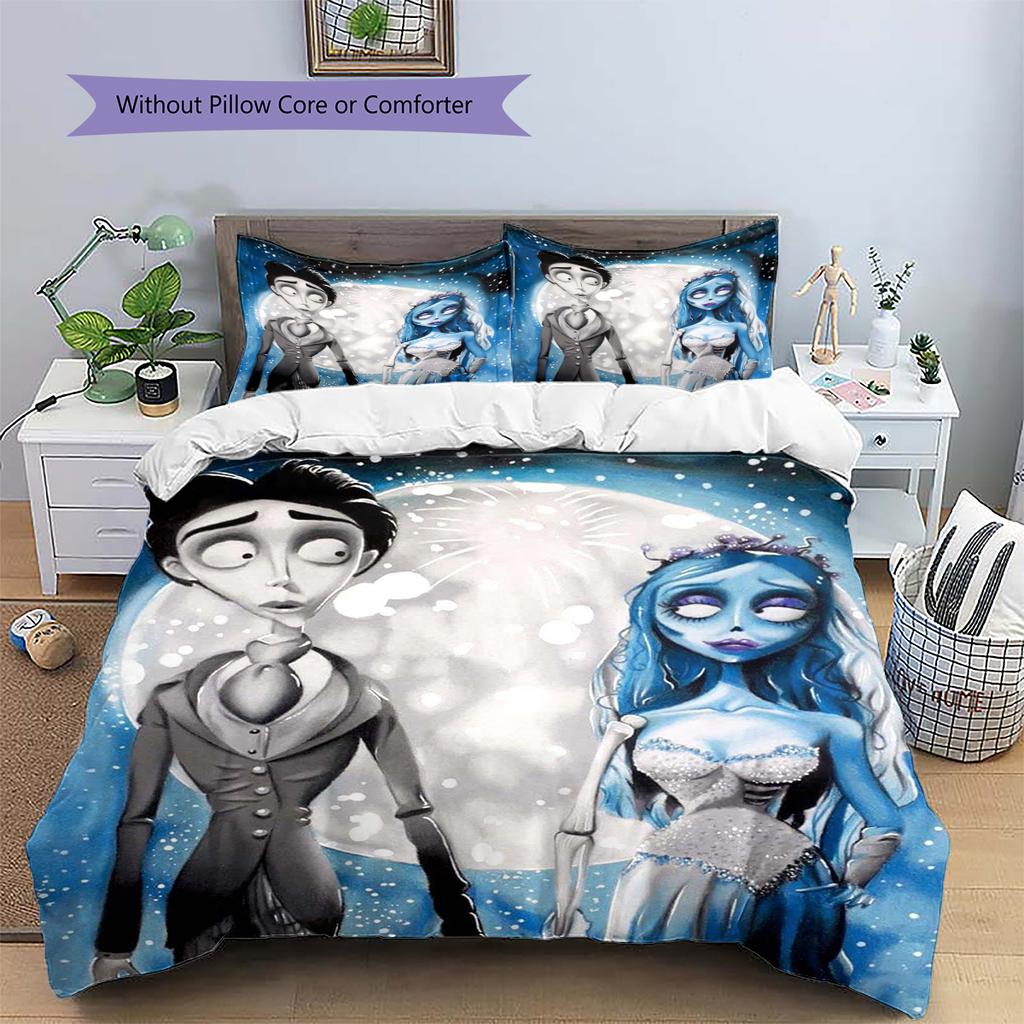 Corpse Bride Cartoon Pattern Bedding Quilt Set Quilt Cover Pillowcase Home Decoration Gift (1 * Duvet Cover + 2 * Pillowcase, Without Core)