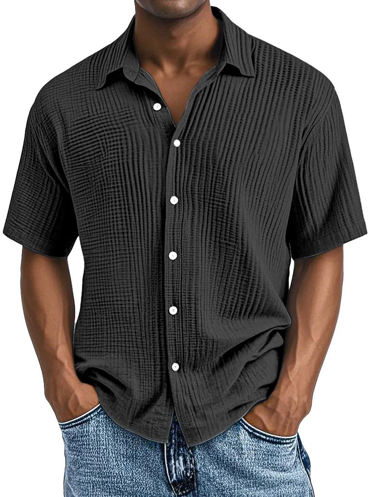 Men Light Blue Short Sleeve Button Down Shirt Casual Striped Linen Look Shirt