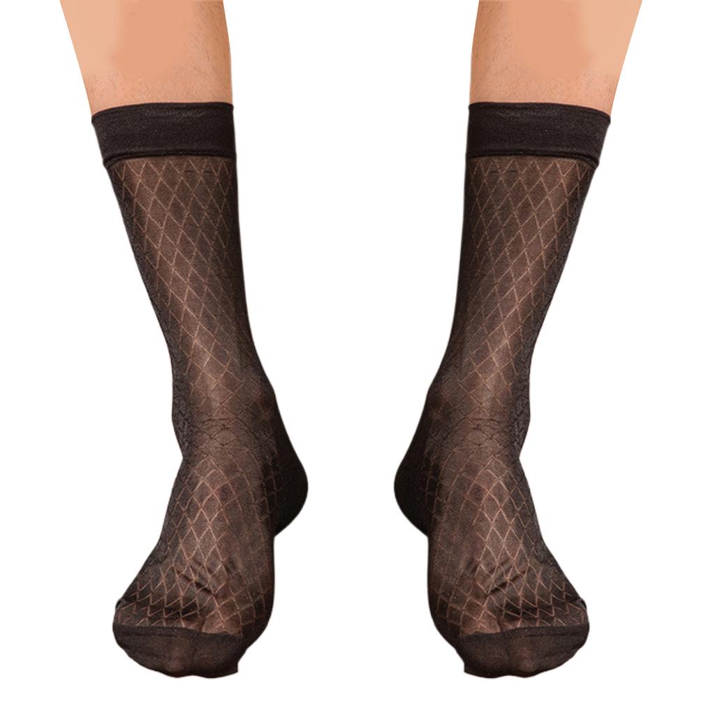 Mens Ultrathin Dress Socks Silk Sheer Business Socks Soft Nylon See Through Diamond Pattern Middle Tube Calf Socks
