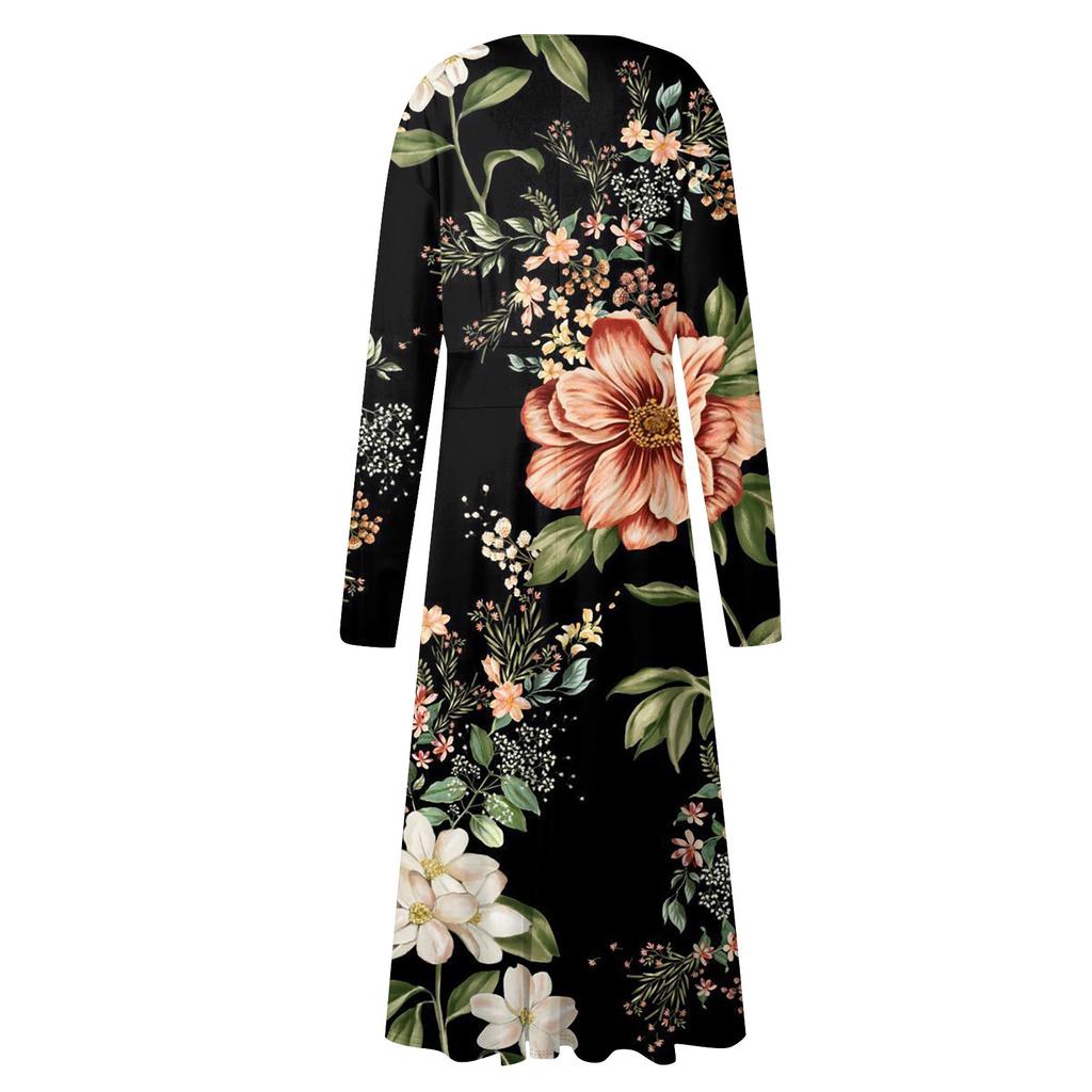 Damen Herbst und Winter Casual Fashion V-Ausschnitt Langarm Print Langes Kleid