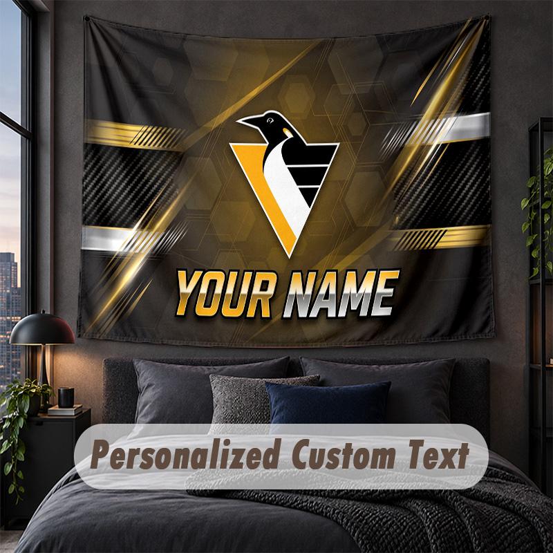Custom Name Text Tapestry,Pittsburgh Penguins Decorative Wall Hanging, Background Tapestry For Home Bedroom