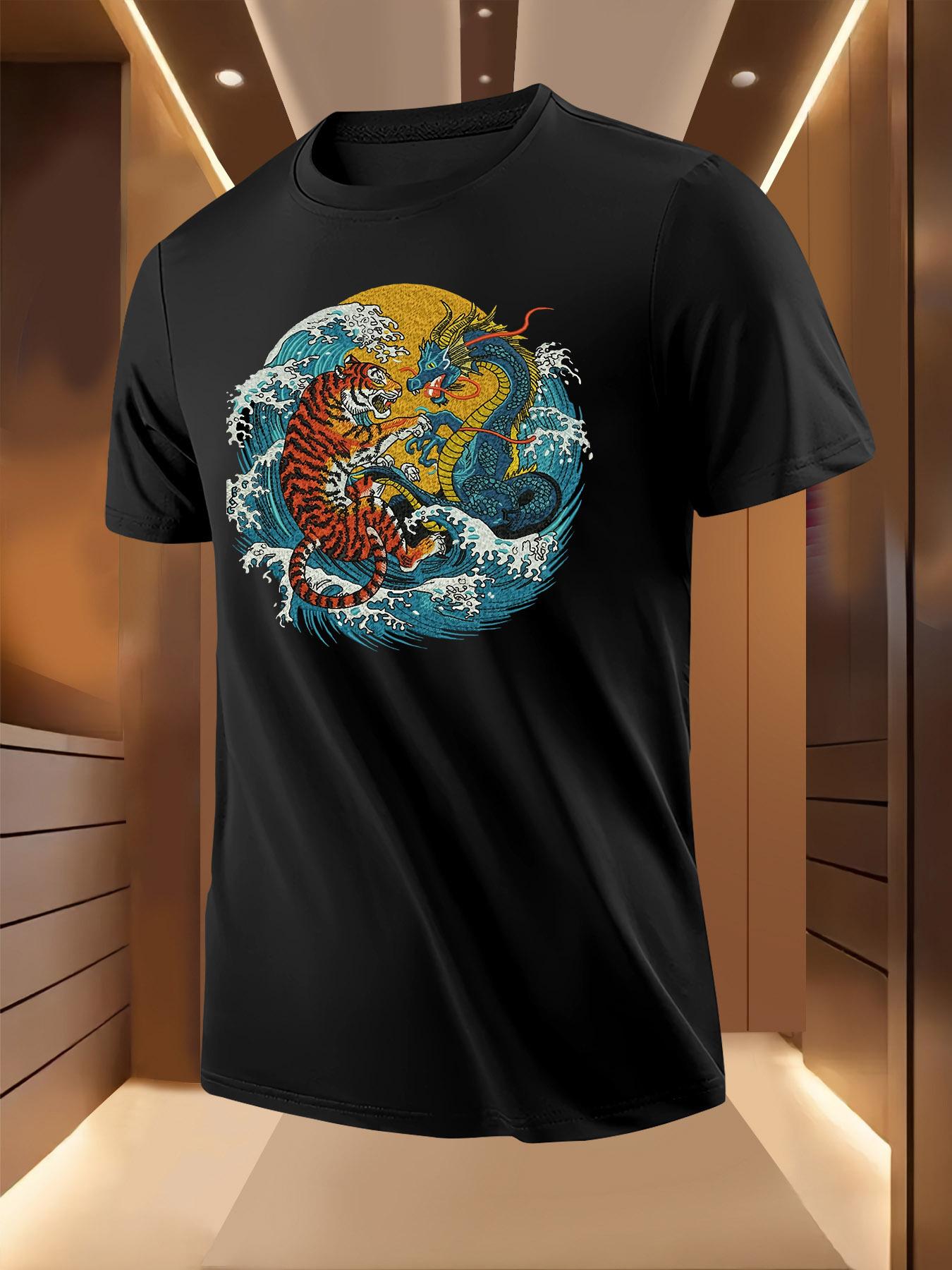 Dragon Tiger Embroidered Graphic Tshirt - Vibrant Blue Or... XL