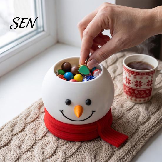 PLA 3D Printed Bowl Christmas Snowman Candy Bowl, Cute Desktop Organizer, Creative Desk Living Room Table Decor Storage Container for Holiday