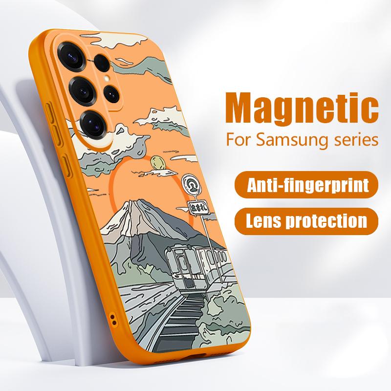 Magnetic For Magsafe Case For Samsung Galaxy S26 Ultra S25 Edge S24 Plus S23 FE S22 A54 A55 A56 5G Anime Landscape Train Pattern Matte Cover