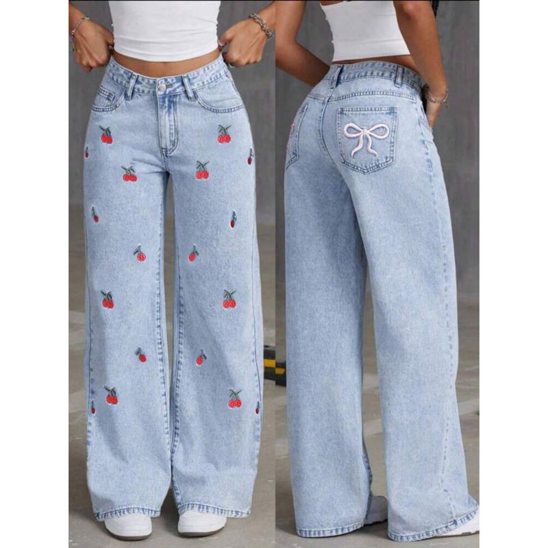 Women Vintage High Waisted Loose Wide Leg Straight Long Denim Jeans