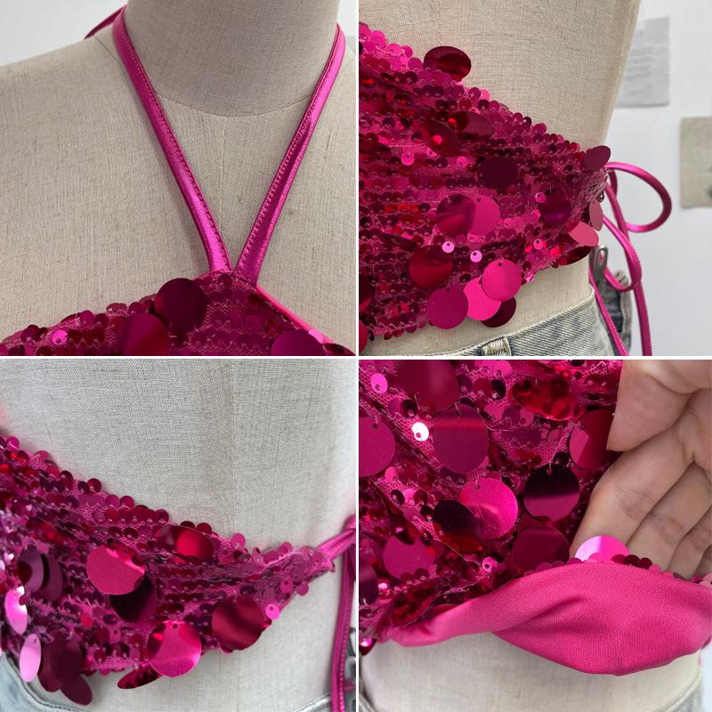 Halter Crop Top with Sequins and Open Back (Style 1083)