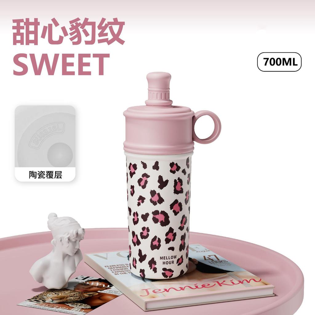 Ceramic double drink coffee cup large capacity portable straw thermos cup light luxury high sense gift box gift cup