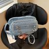 Washed Denim Crossbody Bag with Front Zipper Pocket and Decorative Chain Detail Casual Shoulder Purse for Women Daily