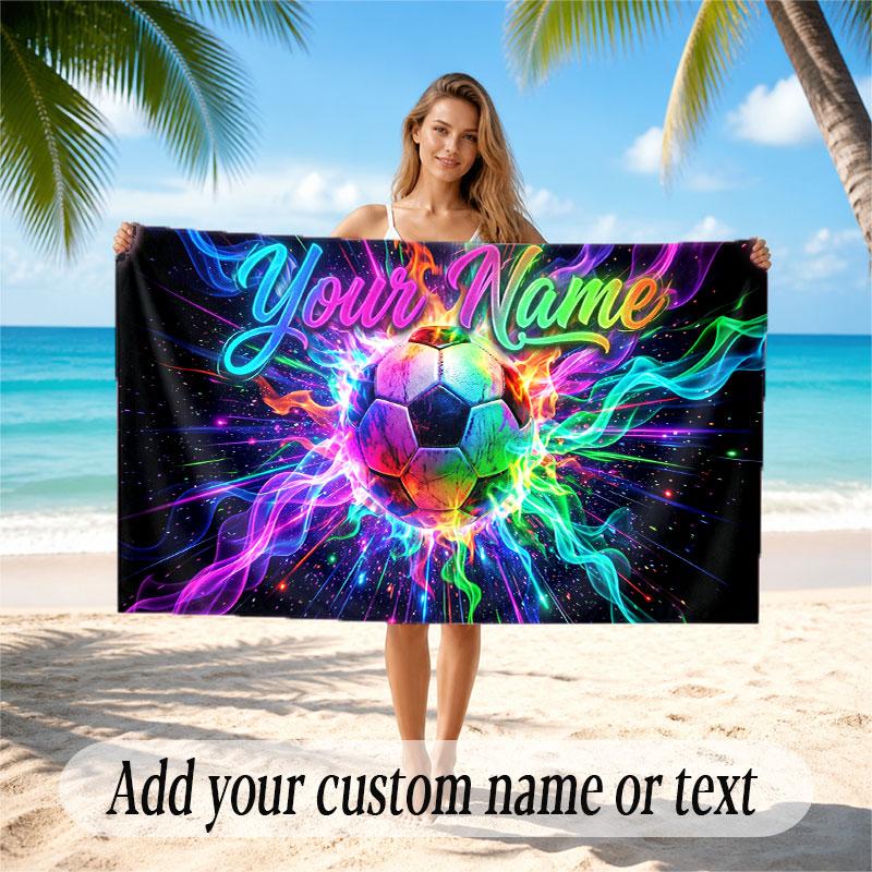 Soccer Theme Beach Towel Personalized Custom Name & Text Soft Quick Dry Beach Towel for Swimming Travel