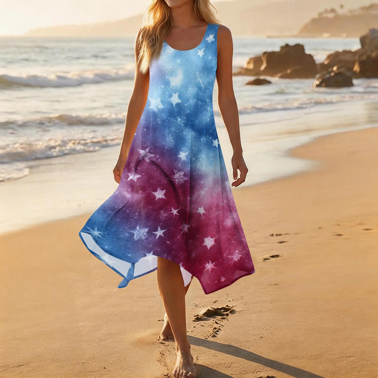 

Sleeveless Asymmetrical Hem Midi Dress with Star Print Gradient Pattern Loose Fit Round Neck Summer Dress for Women L