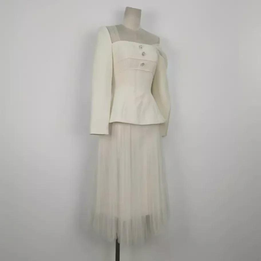 Vietnamese Designer Asymmetric Shoulder Suit with Lace Mesh Skirt for Women - Spring/Autumn Style