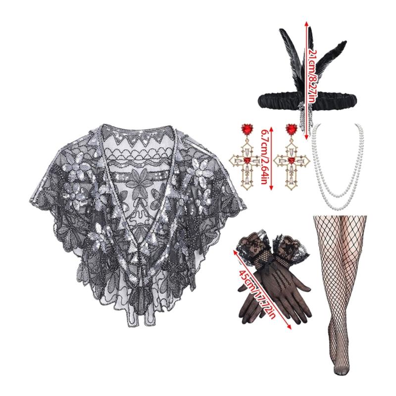 1920s Flapper Costume Set for Women with Sequined Shawl and Pearls Necklace Accessories for Gatsby Parties