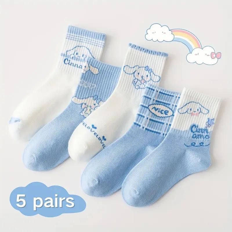 Women Cute Cartoon Mid Calf Socks Breathable Cotton Casual Socks 5 Pairs Pack Comfortable Soft Daily Wear