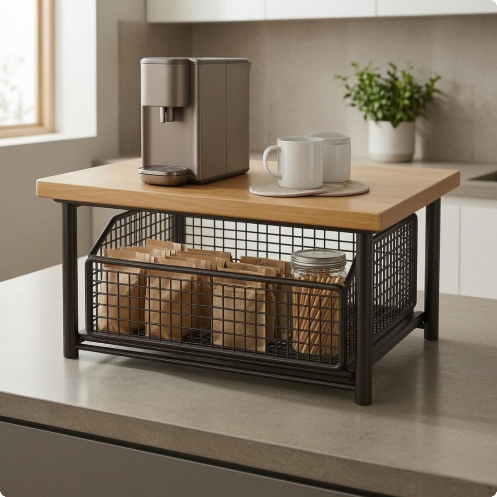 Countertop Organizer with Wire Basket Pull-out
