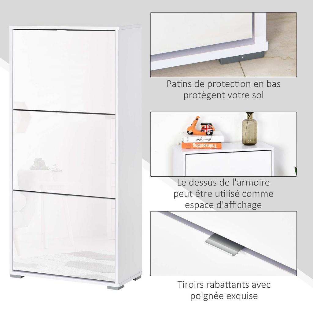 Shoe Cabinet Shoe Rack 3 Drop Down Doors 3 Compartments Wooden 60L X 26I X 124H Cm White Lacquered