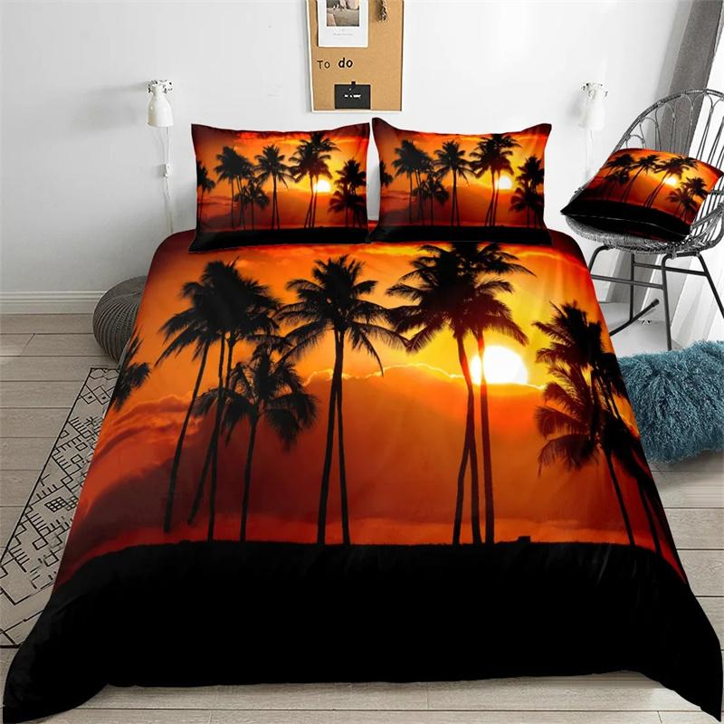 Tropical Coconut Palm Tree Duvet Cover King Queen Size Hawaii Sunset Bedding Set 3pcs Polyester Quilt Cover
