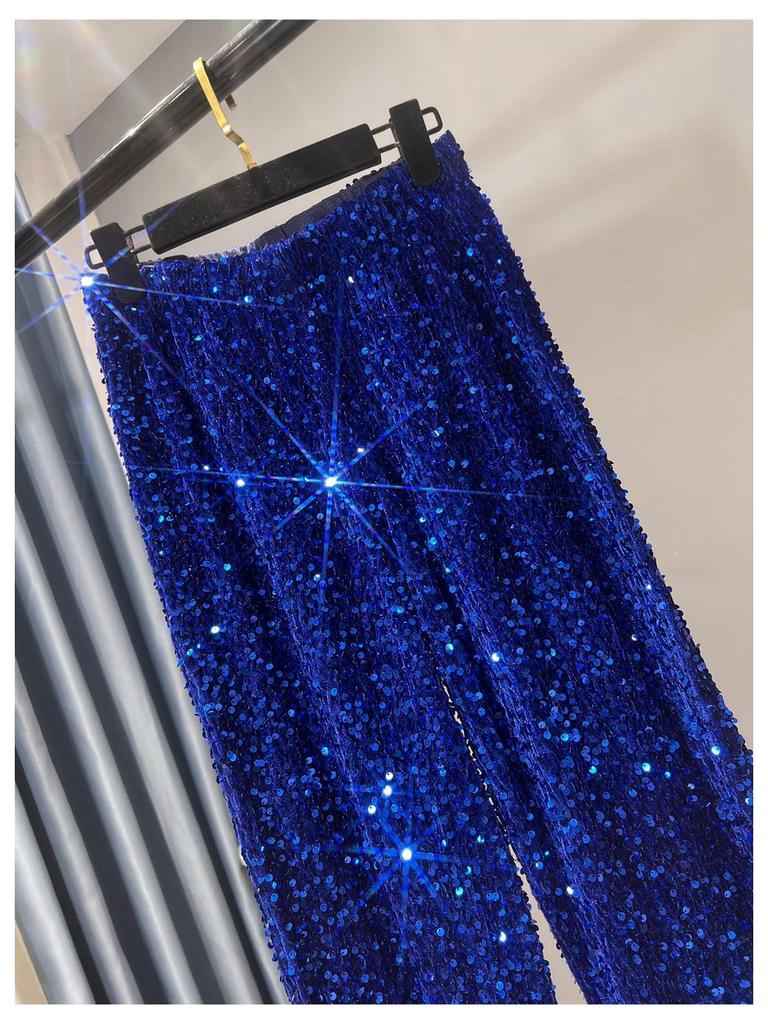 Women's Korean Velvet Sequined Wide-Leg Pants: Slim-Fit, Floor-Length, Shiny Drape Casual Wear for Autumn and Winter