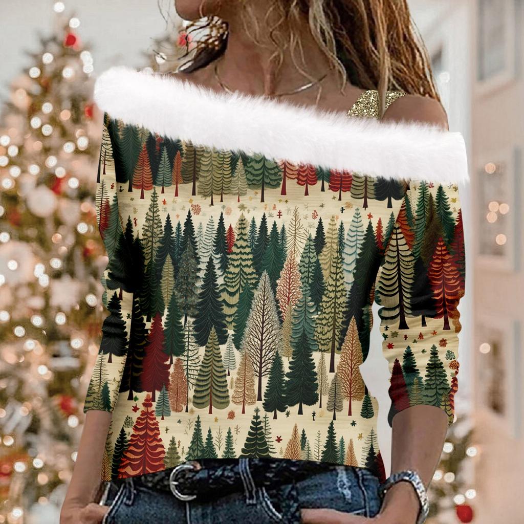Women's And Winter Long Sleeved Single Shoulder Strap Christmas Print Pullover Top