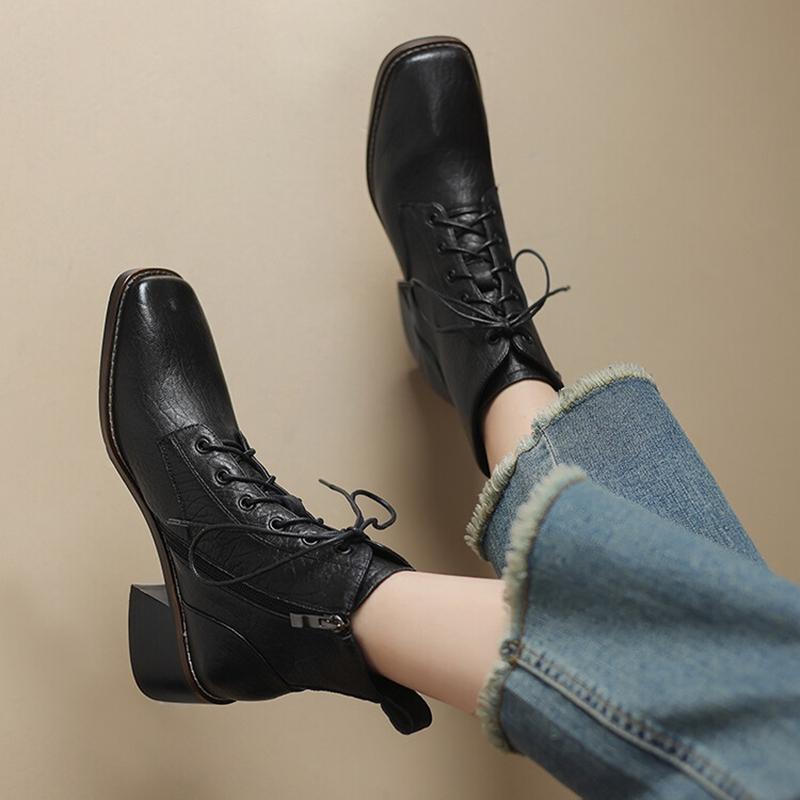 Fashion NEW Autumn/Winter Women Boots Genuine Leather Shoes for Women Square Toe Chunky Heel Shoes Lace-up Modern Boots Plus Size Shoes