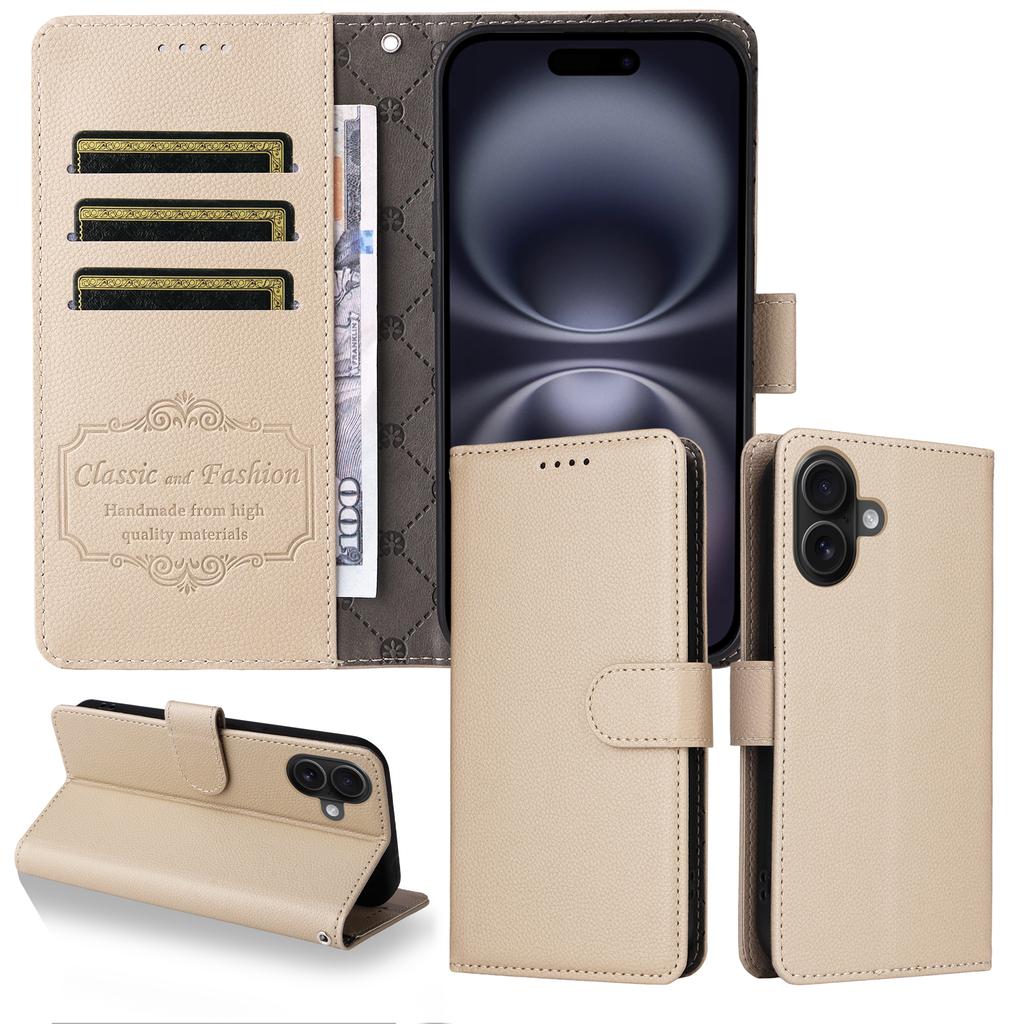 For iPhone 16 Plus Case RFID Blocking 3 Card Slots PU Leather Phone Cover with Wrist Strap
