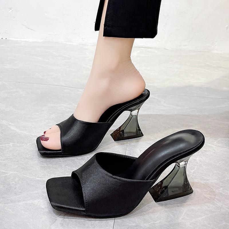 Summer New Transparent Sole High Heels Design Sense Square Head Sandals Fashion Temperament Cool Slippers