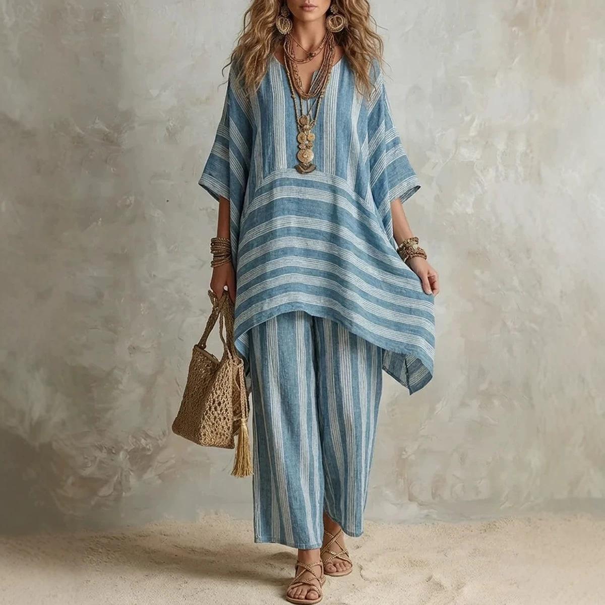 European and American cross-border foreign trade women s wear, Amazon fashionable V-neck loose striped casual two-piece set S синий