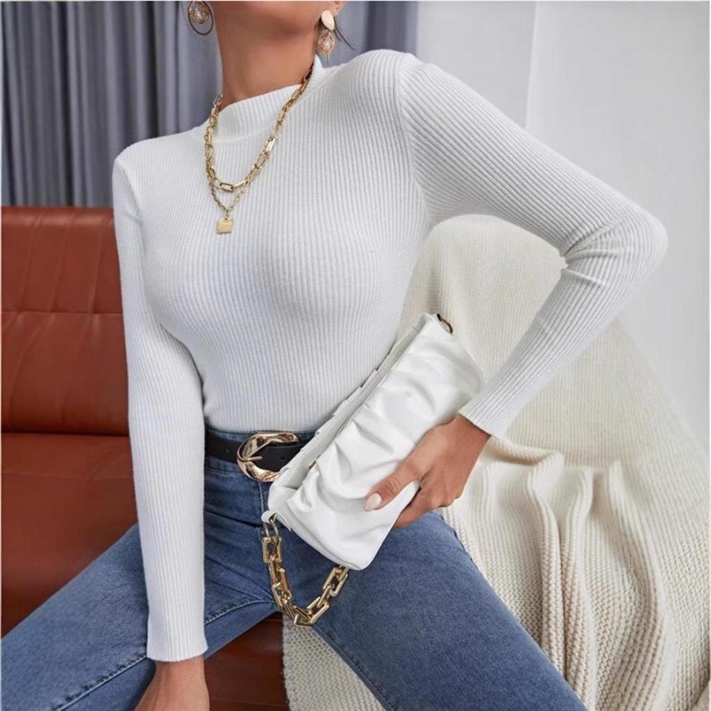 Women's Slim Fit High Neck Knit Sweater - Autumn/Winter Solid Color Base Layer Knitwear