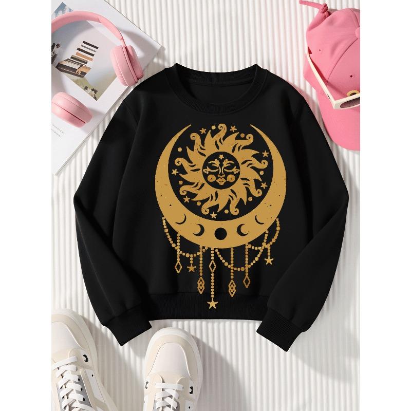 European Sizes Kids' Casual Printed Round Neck Pullover, Golden Sun Moon Stars Beads, Casual Comfortable
