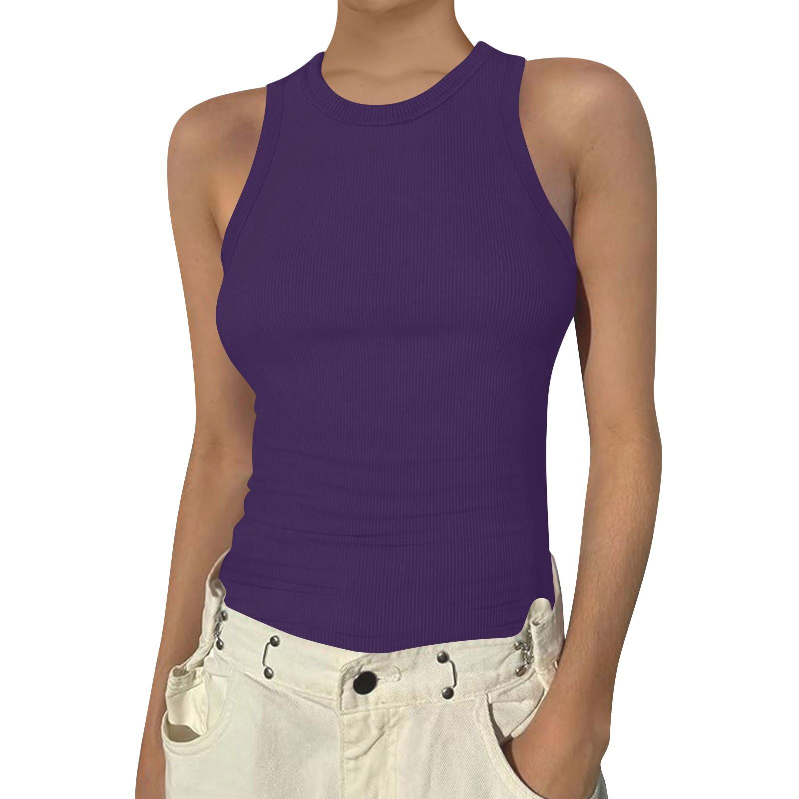 Women s Summer Fashion Casual Color Round Neck Sleeveless Top Tight Tank Top M фиолетовый